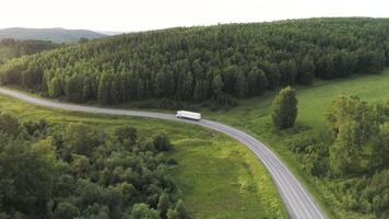 panorama con camion guida su autostrada nel estate. azione. bellissimo estate paesaggio con verde alberi e camion guida lungo autostrada. camion è guida su nazione autostrada su estate giorno video