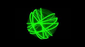 energía esfera de verde lazer vigas, sin costura bucle. diseño. neón giratorio pelota con doblar líneas, tecnología, Ciencias movimiento antecedentes. video