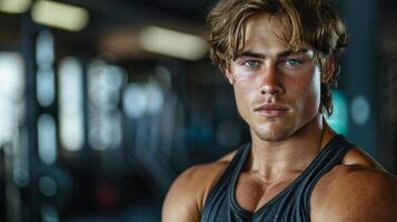 Young Man Standing in Front of Gym Machine photo