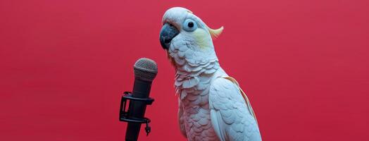 Parrot Standing Next to Microphone on Blue Background photo