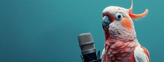 Parrot Standing Next to Microphone on Blue Background photo