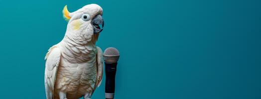 Parrot Standing Next to Microphone on Blue Background photo