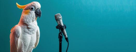 Parrot Standing Next to Microphone on Blue Background photo