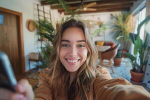 Woman Making Peace Sign on Couch photo