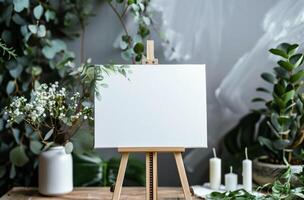 White Easel Surrounded by Plants and Candles photo