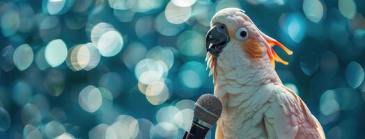 Parrot Standing Next to Microphone on Blue Background photo