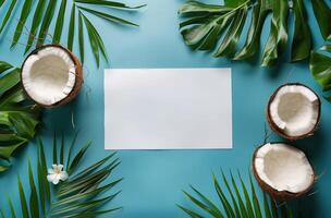 Blank Paper Surrounded by Coconuts and Leaves photo