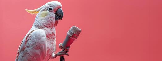 Parrot Standing Next to Microphone on Blue Background photo