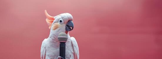 Parrot Standing Next to Microphone on Blue Background photo