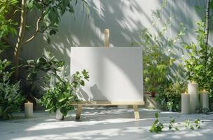 White Easel Surrounded by Plants and Candles photo