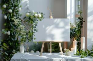 White Easel Surrounded by Plants and Candles photo