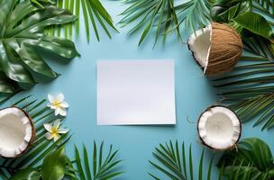 Blank Paper Surrounded by Coconuts and Leaves photo