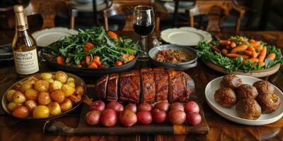 Wooden Table With Plates of Food and Wine photo
