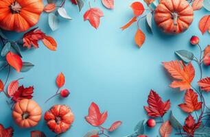 Blue Background With Pumpkins, Leaves, and Berries photo