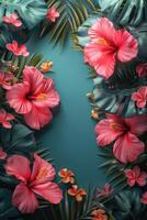 Blue Background With Pink Flowers and Green Leaves photo