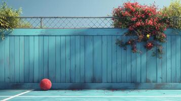 Tennis Court With Blue Fence and Red Ball photo