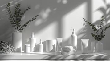 White Counter Filled With Bottles and Containers photo