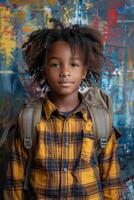 Young Girl Standing in Front of Poster photo