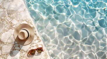 Hat, Sunglasses, and Straw Hat by Pool photo