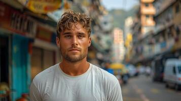 Man Standing in Middle of Street photo