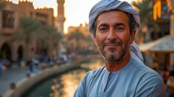 con turbante hombre sonriente para cámara foto