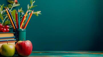 Books, Apples, and Pencils on Table photo