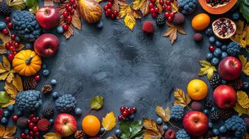 Assorted Fruits and Vegetables Arranged in a Circle photo