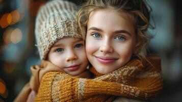 Mother and Daughter Hugging in Front of Christmas Tree photo