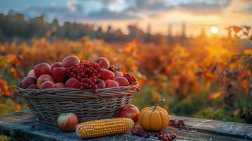 Basket Filled With Apples and Corn on Wooden Table photo