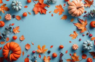 Blue Background With Pumpkins, Leaves, and Berries photo