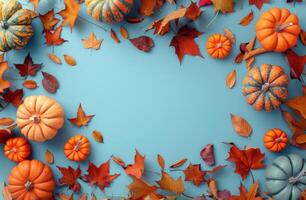 Blue Background With Pumpkins, Leaves, and Berries photo