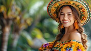 mujer en vistoso vestir y flor tocado foto