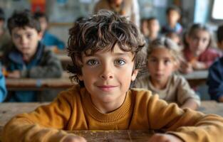 grupo de niños sentado a escritorios en un salón de clases foto