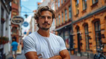 Man Standing in Middle of Street photo