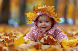 pequeño niña tendido en árbol hojas foto