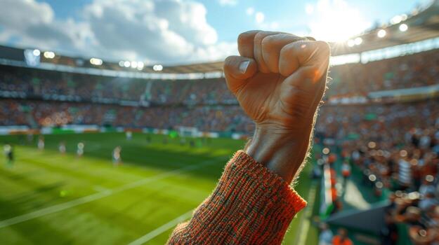 Two Hands Holding Each Other in Front of a Soccer Field photo