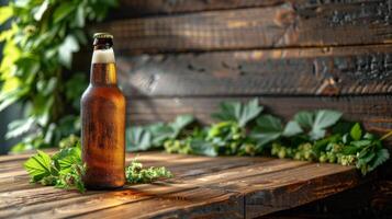 Bottle of Beer on Wooden Table photo