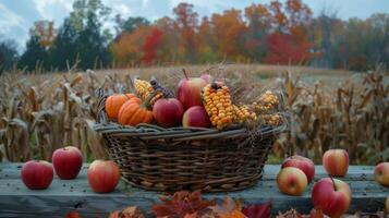 Basket Filled With Apples and Corn on Wooden Table photo