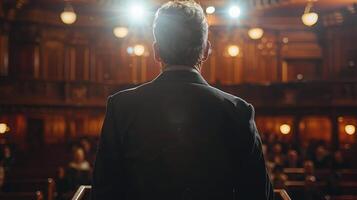 Man Sitting in Chair in Front of Stage photo