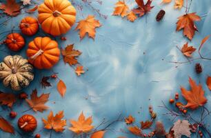 Pumpkins and Leaves Painting on Blue Background photo