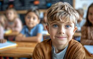 grupo de niños sentado a escritorios en un salón de clases foto