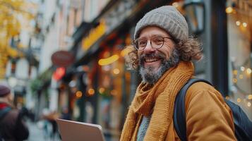 Man With Beard Wearing Yellow Hat and Scarf photo