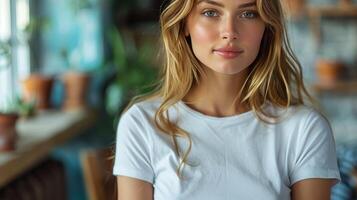 Woman in White Shirt Standing in Kitchen photo