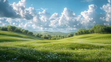 Field With Grass and Flowers Under Blue Sky photo