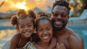 Man and Two Young Girls Smiling by Swimming Pool photo
