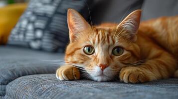 Close Up of a Cat Laying on a Couch photo