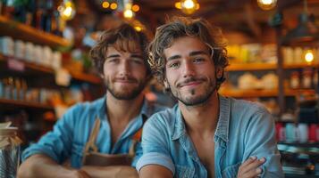 hombre sentado a bar con brazos cruzado foto