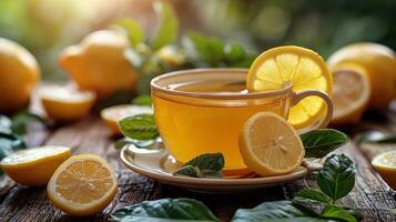 A Cup of Tea With Lemons and Leaves photo