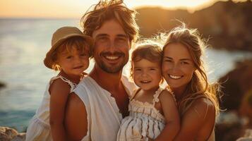 Man and Two Young Girls Smiling by Swimming Pool photo