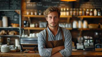 Man Standing in Front of a Bar photo